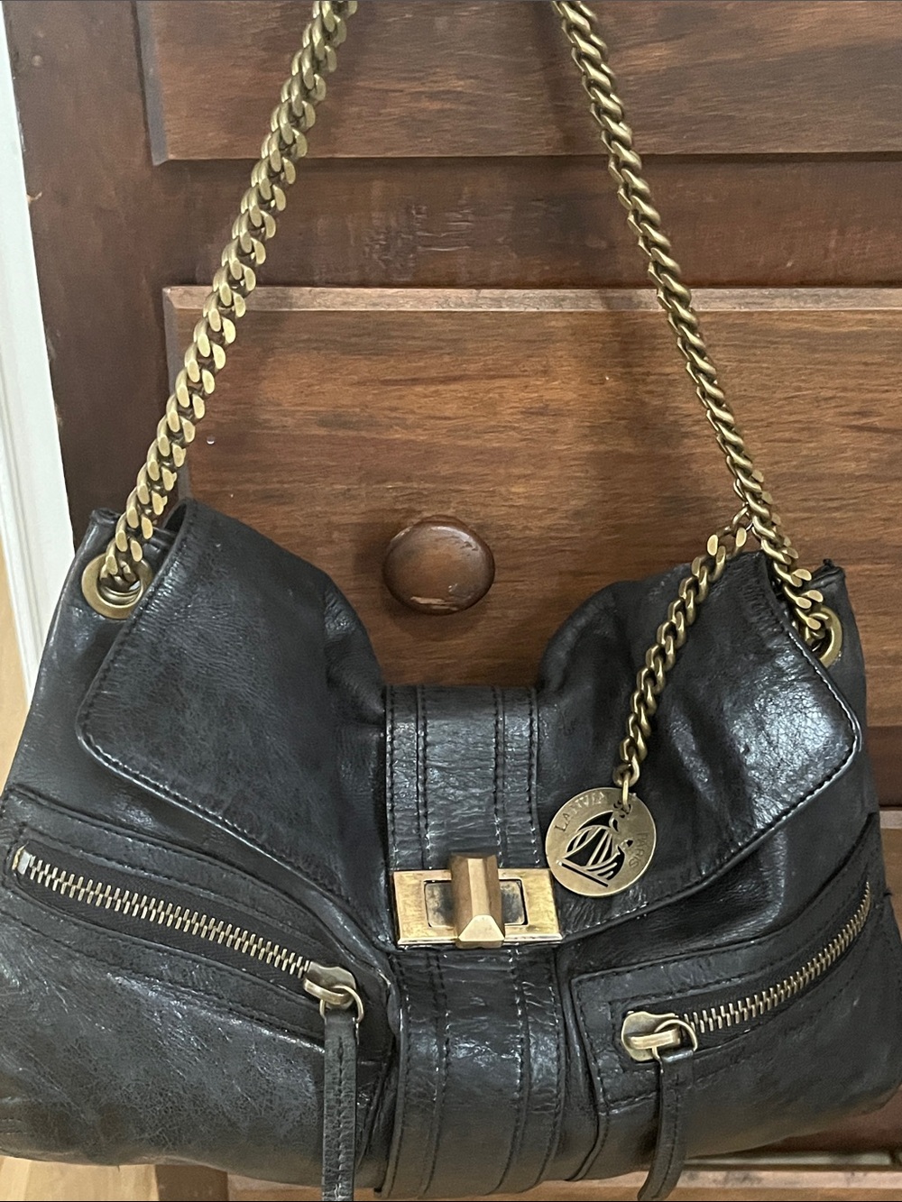 Lanvin Black Leather Hero Shoulder Bag with Gold Chain and Hardware